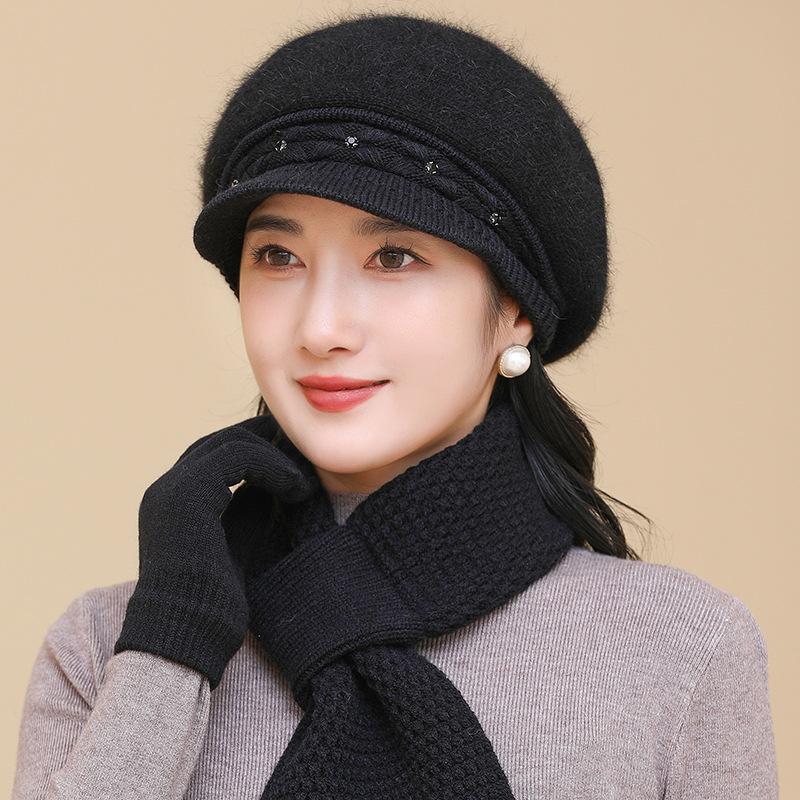 Knitted Hat Women's Fashion with Plush Windproof Duck Tongue Knitted Hat Middle Aged and Elderly Grandma Hat