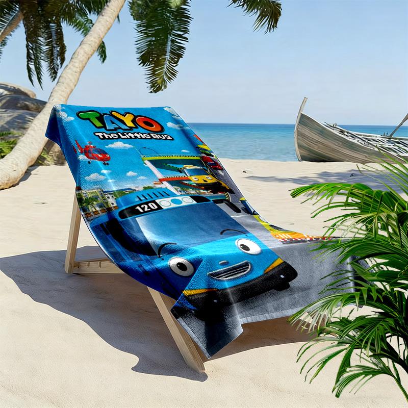 Serviette de Plage Imprimée Tayo le Petit Bus, Grande Serviette Douce à Séchage Rapide pour Plage Camping Natation