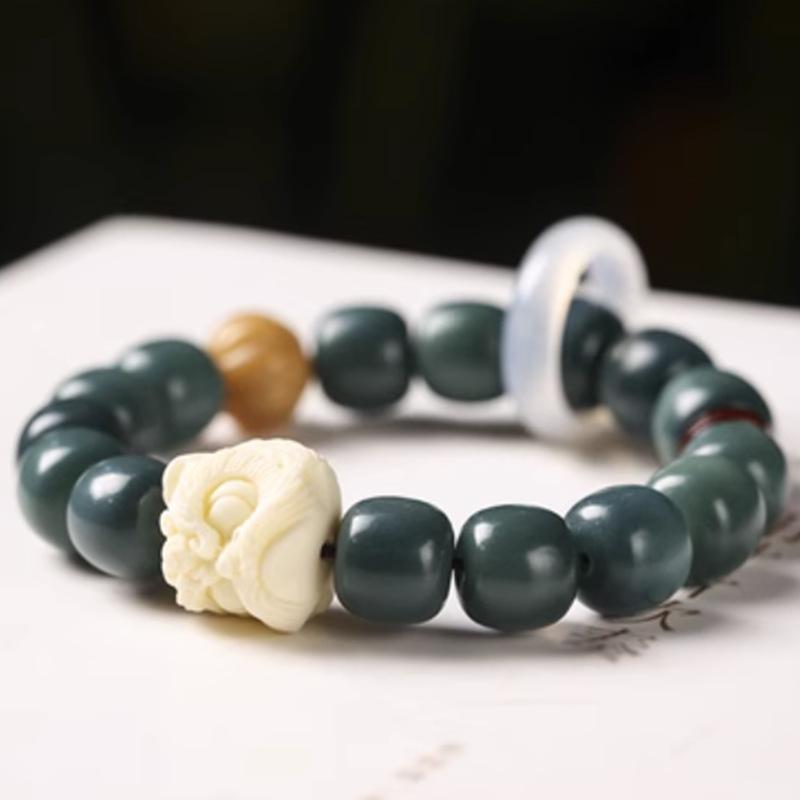 Ivory Fruit Awakening Lion Gradient White Jade Bodhi Root Bracelet with Gift Box