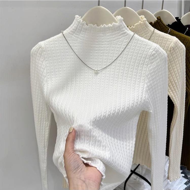 Half-high Collar Wooden Ear Knitted Shirt Autumn and Winter Pure Color Purlin Sweater Slimbase Inner Top