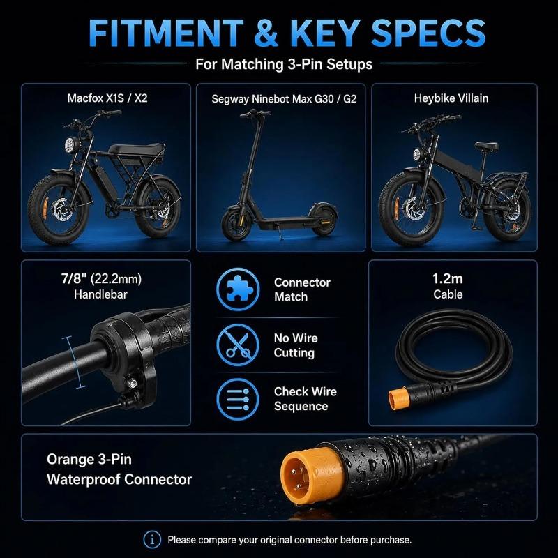Xiaomi Ebike Full Twist Throttle 3‑Pin Protective Quick Accelerator Kit 12V‑72V Universal Speed Control for Electric Bicycle Gas Handle