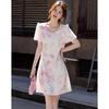 Demana French Elegant Puff Sleeve Printed Midi Dress with Detachable Pearl Chain