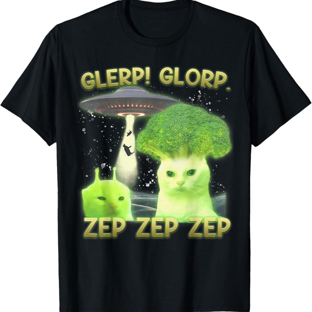 Lustiges Alien-Katzen-Meme Glerp Glorp Zep Zep Alberne Katzen Brokkoli T-Shirt für Männer Frauen Kinder