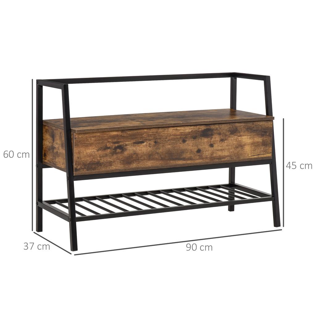 Shoe Cabinet Furniture in Industrial Style with Compartment, Vintage Space-Saving Shoe Bench in Wood and Metal, Rustic Brown, 90x37x60cm