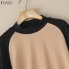 ZANZEA Women Casual Round Neck Long Sleeve Splice Tee Shirts