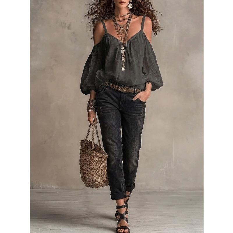 Women Solid Color Off Shoulder Spaghetti Strap Loose Long Sleeve Casual Blouse