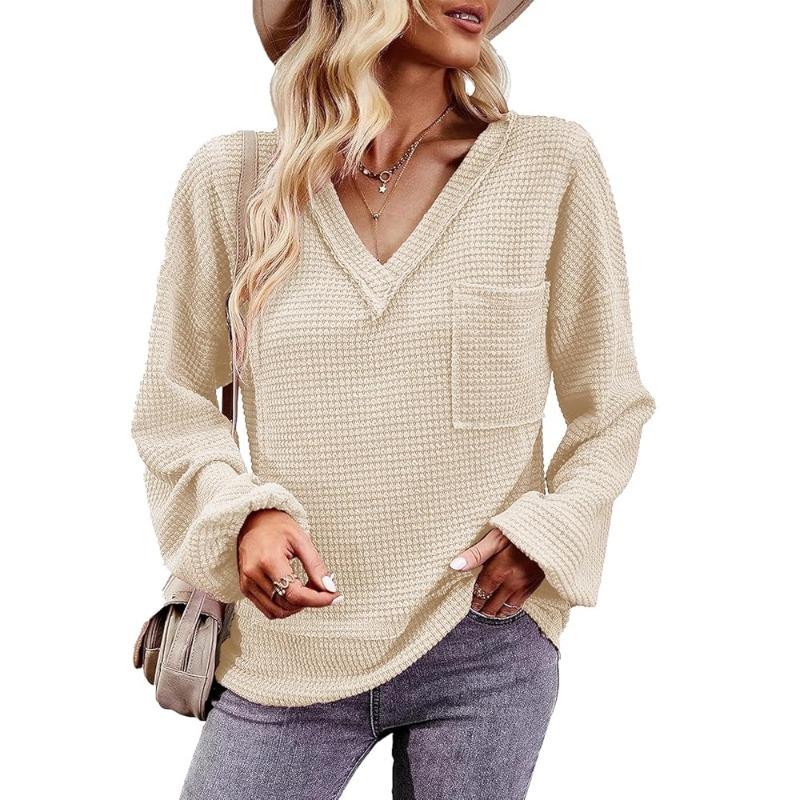 

Женский вязаный свитер однотонный с V-образным вырезом и длинными рукавами XL бежевый