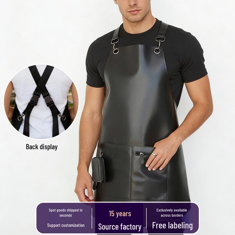Waterproof PU Leather Apron for Hairdressing, Barbecue, and Cafe Use, with Custom Logo Option