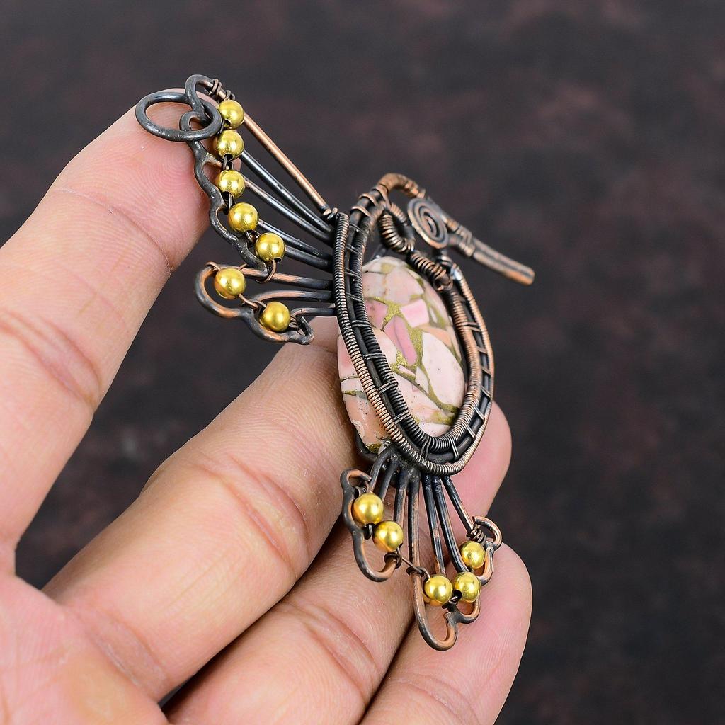 Copper Pink Opal Pendant Copper Wire Wrapped Pendant Gemstone Jewelry Handmade Dainty Pendant Bird Pendants Copper Wire Jewelry Gift For Her