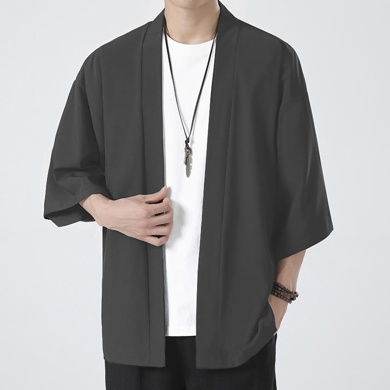 2023 Men's Casual Chinese Style Ice Silk Cardigan - Solid Color, Loose Fit, Three-Quarter Sleeves