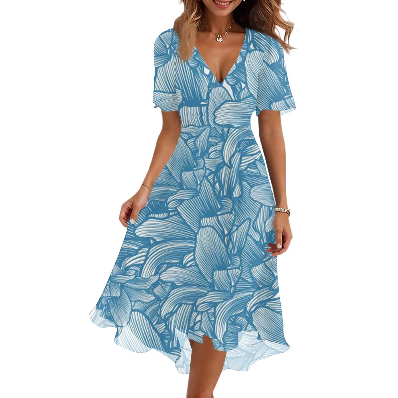 

Женское модное повседневное платье с V-образным вырезом, короткими рукавами и цветочным принтом XXL