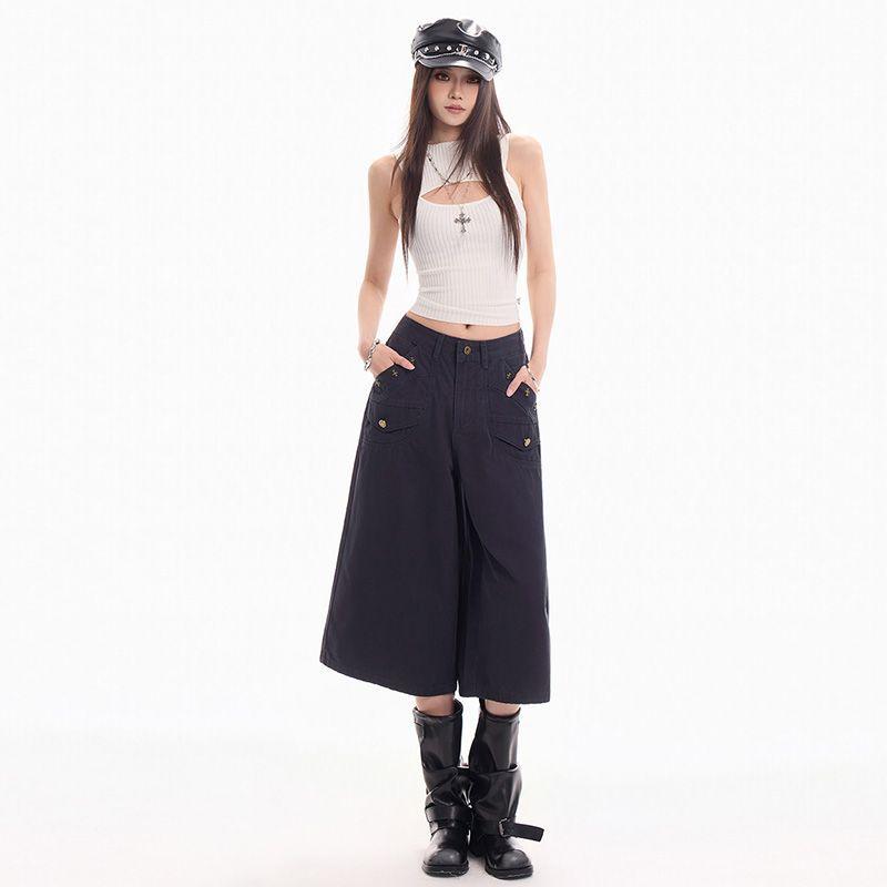 Fashion High Street Vintage Button Detailed Navy Blue Cropped Capri Cargo Pants For Women Loose Wide Leg  Versatile Slimming FigureFlattering Bottoms