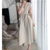 Hepburn style pocket skirt French temperament high waist dress women's spring and summer chic elegant apricot lace-up medium and long dress