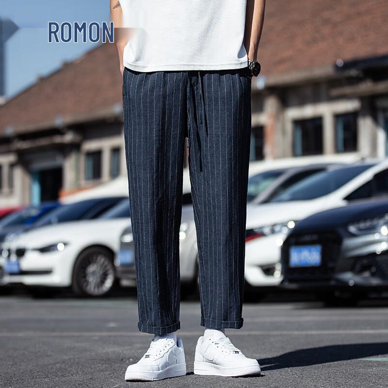 

ROMON Men s Striped Linen Blend Harem Cropped Pants M