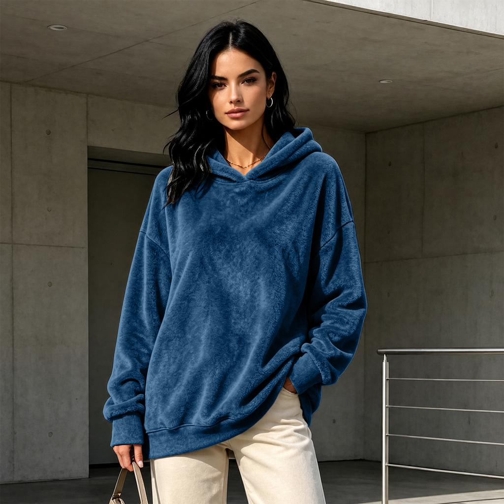 Women's Long Sleeve Flannel Hooded Pullover Color Casual Top