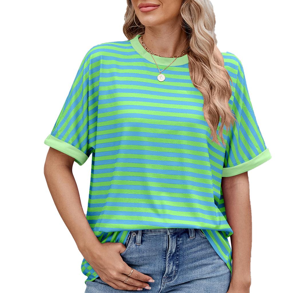 Summer Loose Fit Striped Round Neck T-Shirt Women
