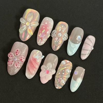 24PCS Sweet Pink Blush French Almond Press On Nails 3D Flower Ripples Fake Nails for Women Girls Simple Ins Nail Tips Detachable