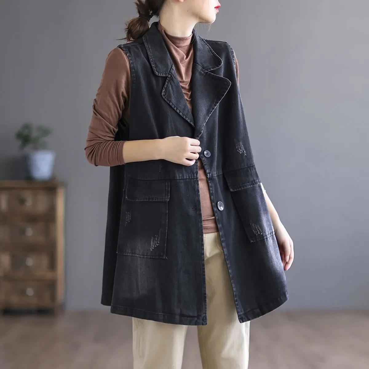 

Летний ретро джинсовый жилет средней длины, женская свободная куртка большого размера XS