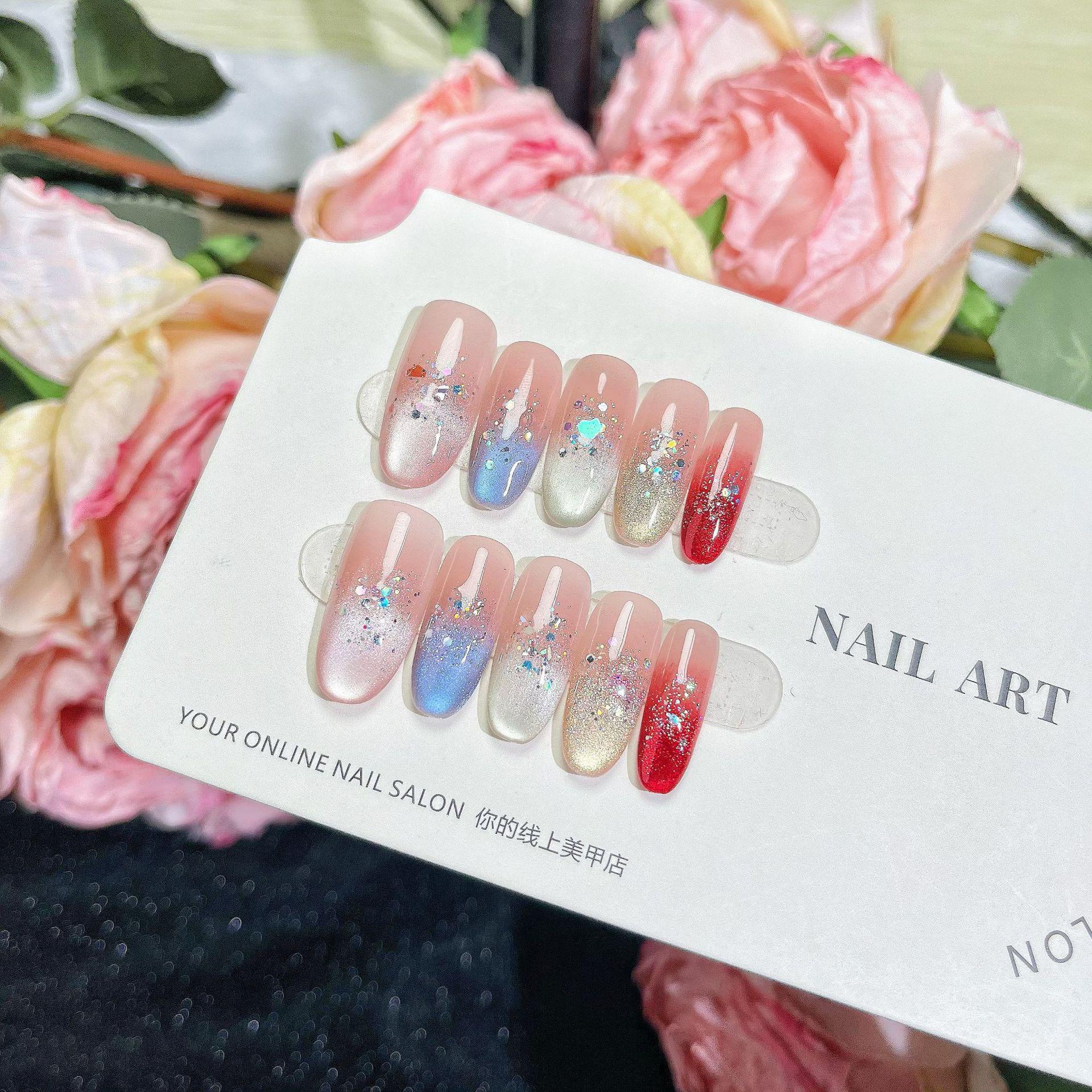 

Летний радужный кошачий глаз ручной работы длинные накладные ногти Extra Small