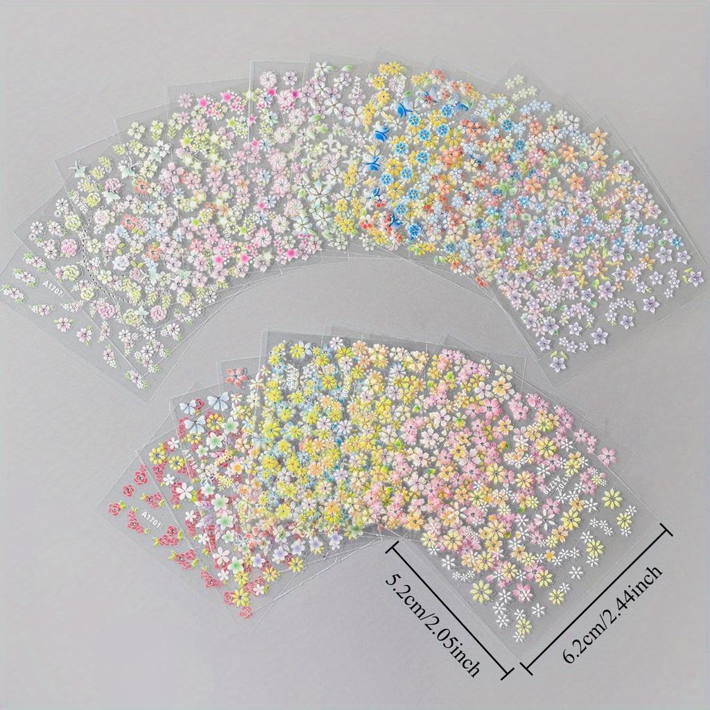 24pcs Flower With Nail Stickers Set 3D Nail Art Stickers Self-Adhesive Assorted Patterns Blossom Manicure Decoration