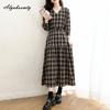 Plus Size Spring Autumn Women Vintage Midi Dress V Neck Plaid Casual Loose Ruffles Dress Retro Long Sleeve Elegant Dress With Belt