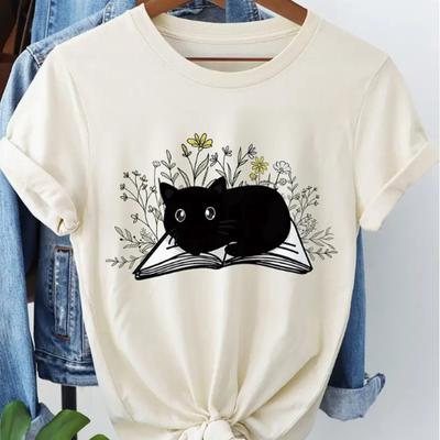 Camiseta con estampado de gato negro y flores para mujer, divertida e informal, de manga corta y cuello redondo, para verano