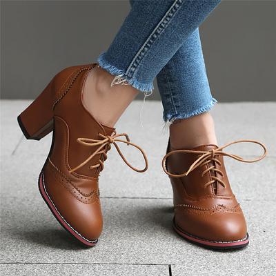 Fashion 2025 Women Pumps Round Toe Thick High Heels Platform Brogue Student Carved Retro Lace-Up Classic Spring Office Lady Lace Up Shoe