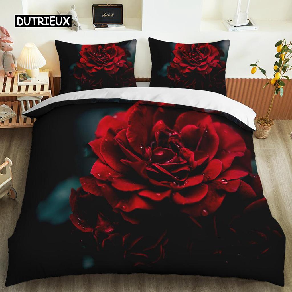 Red Rose Duvet Cover Set Full Size Microfiber Red Flower Quilt Cover for Valentine's Day Mother's Day Wedding Soft Bedding Set