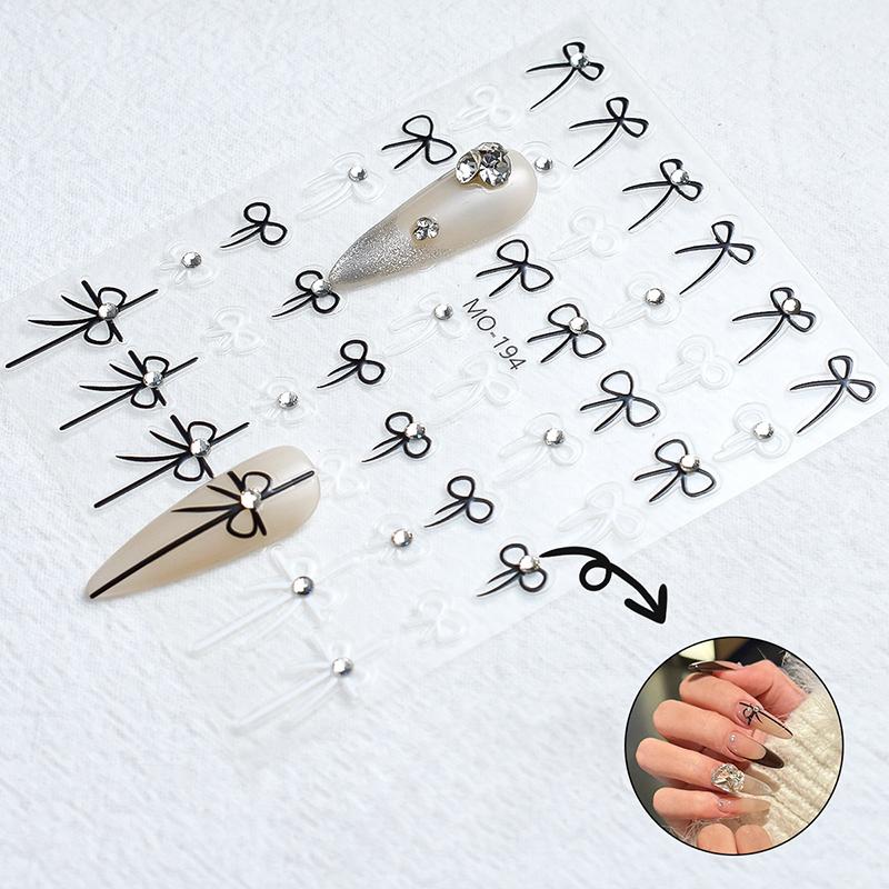 Black White Red Bowknot Nail Sticker Glue Crystal Diamond Adhesive Nail Art Decorations Girls Nail Decals Design