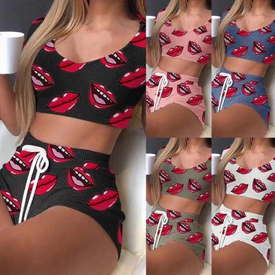 Verano Corto Sexy Casual Estampado de Labios Traje de Ropa de Dormir Femenino Pijama Top+Pantalones Skinng Ropa Interior para Mujer
