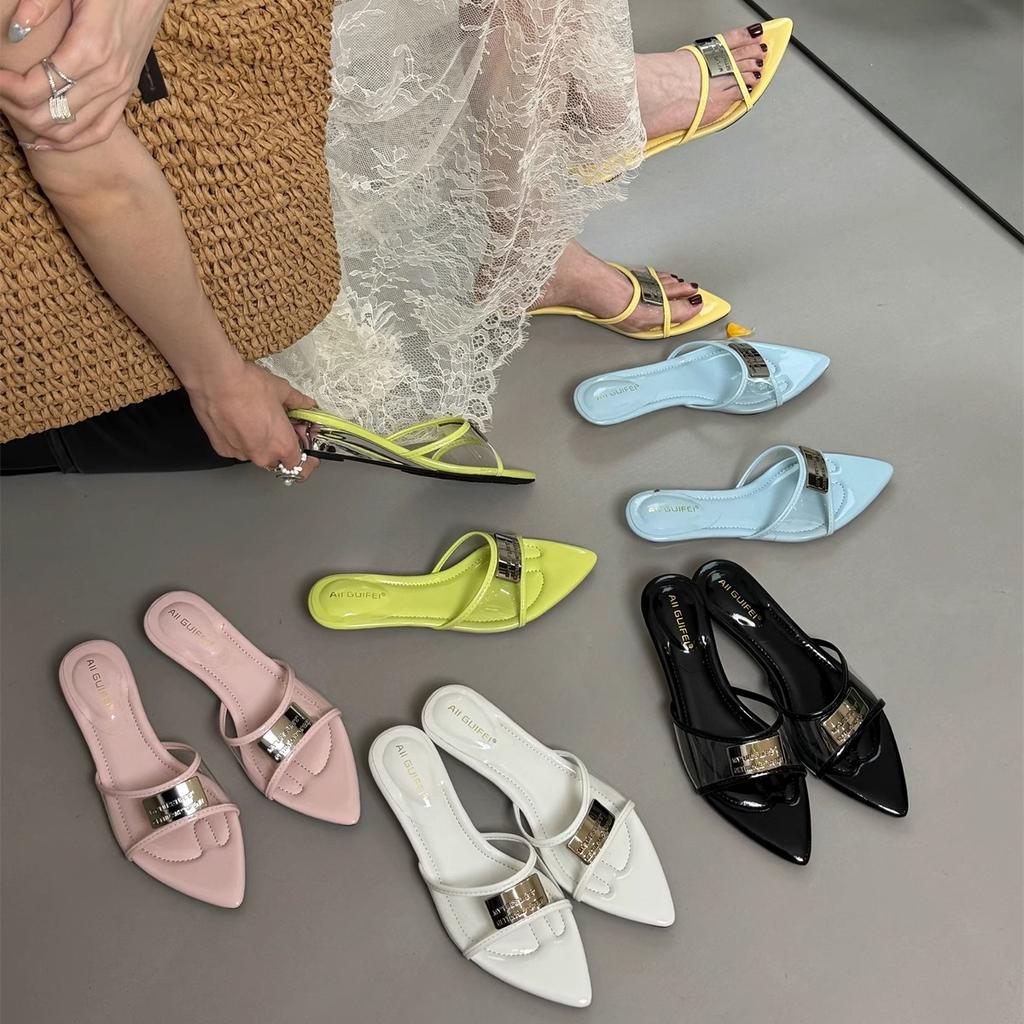 Fashion Female Shoes Slippers Flat Slides Pointed Toe On A Wedge Low Rivet 2025 Summer Flat Shoes Female Womens Slippers Outdoor Pantofl