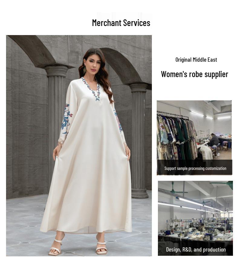 Embroidered Tassel V-neck Abaya: Middle Eastern Muslim Women's Long Robe