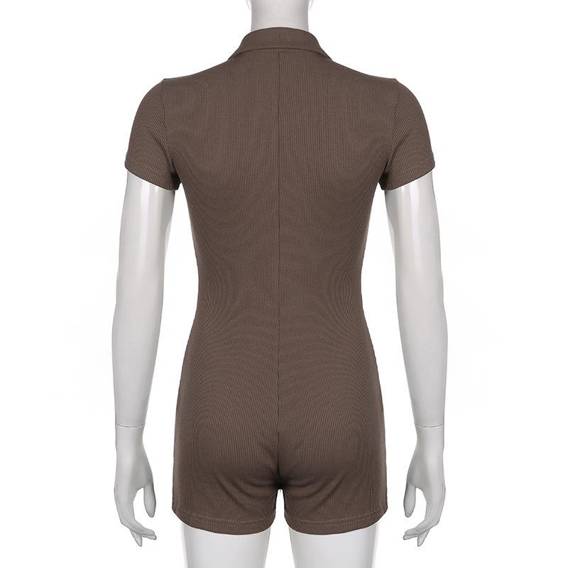 Spring and Summer European and American Hot Girl Solid Color Lapel Breasted Ribbed Slim Fit Casual Simple Basic Jumpsuit