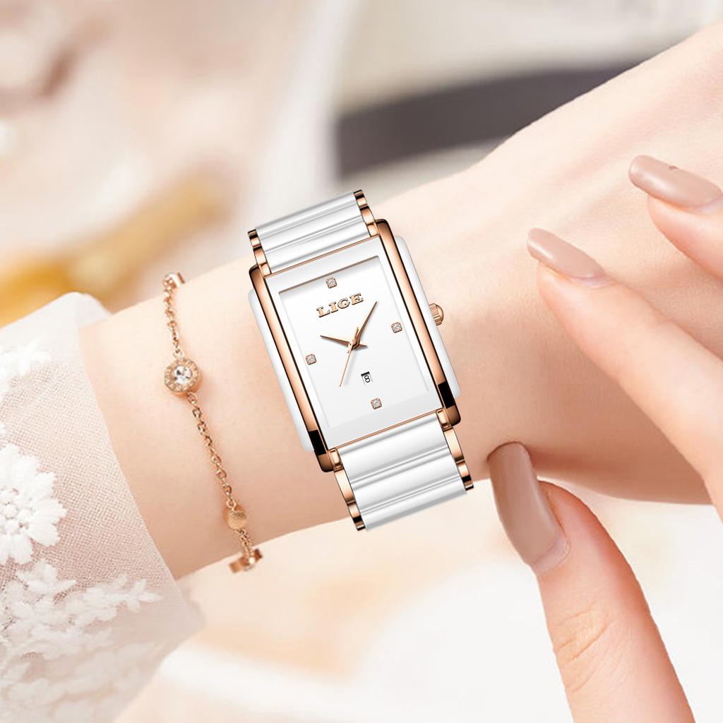 LIGE Neue Luxus Damenuhren Elegante Keramik Quarz Armbanduhren Wasserdicht Datum Mode Geschenk Für Damen Uhr Relojs Mujer+Box