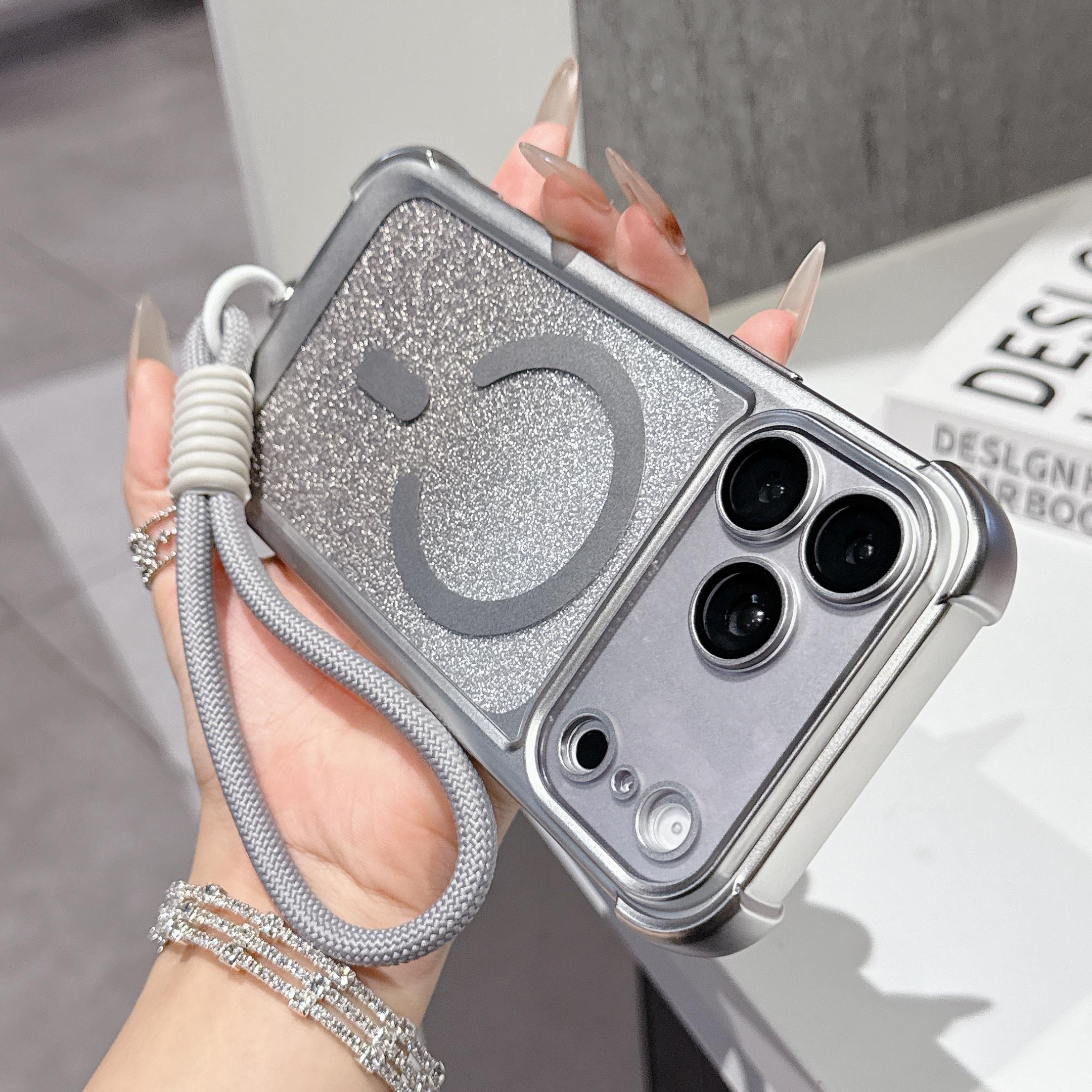 

Glitter Magnetic Phone Case with Wrist Strap for IPhone 13 14 15 16 17 Pro Max Plus Protective Cover Bling Hard Slim Thin iPhone 13 срібний