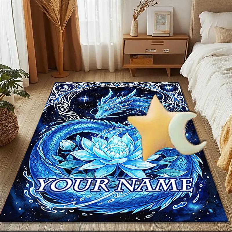 1PC Custom Name Blue Dragon Lotus Fantasy Theme Floor Mat Ideal for Living Room, Game Rooms, Office, Bedroom,Floor Mat Playful Design