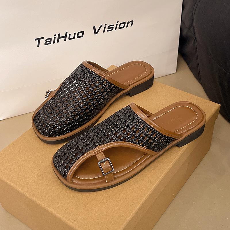 

Flat-bottomed bag head half slippers women s 2025 summer new woven hollow outer wear one-pedal design one-word slippers 40 чорний