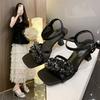 Mode Blume High Heels Damen Sandalen Elegante Schuhe Eckige Zehenpartie Slingback Sommer 2025 Trend Kleid Pumps Party Klobige Sandalen für Damen