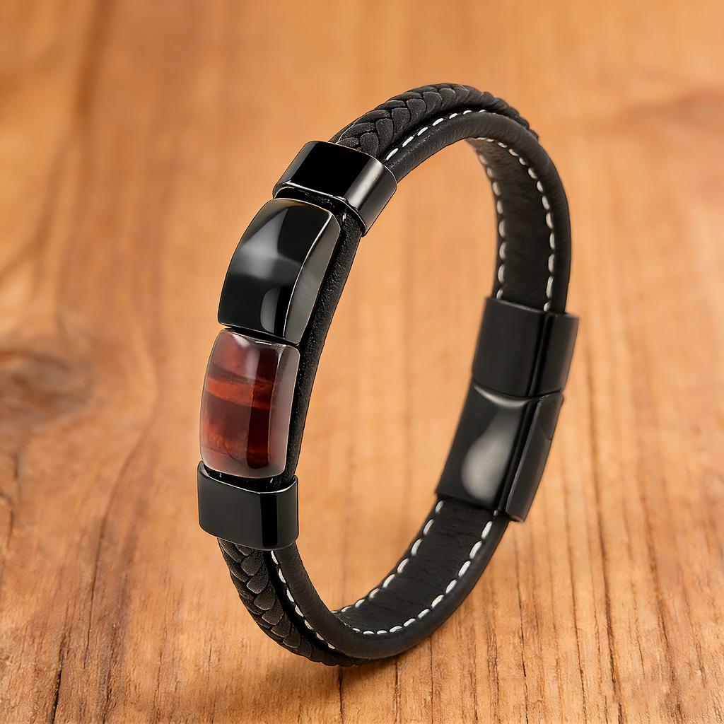 Pulsera de Cuero Trenzado con Piedra Ojo de Tigre Natural para Hombres y Mujeres Metal Negro 2026 Moda Tendencia Joyería de Lujo