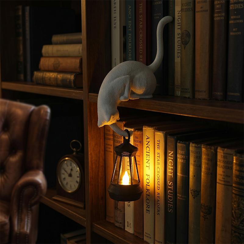 Gancio Scaffale Gatto Con Lanterna Statuetta Statua Ornamento Decorazione per Casa Camera da Letto Scrivania Luce Notturna