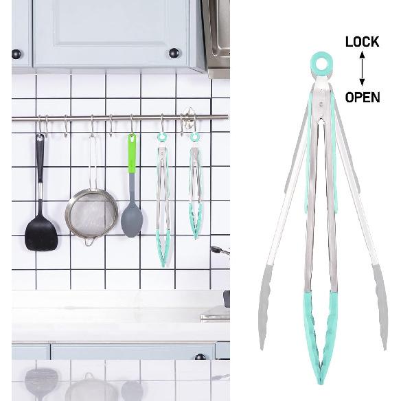 Silicone Non-SlipTongs for Cooking, 430 Steel Table Tongs for Kitchen Salad, Pasta, Grilling, BBQ, Heat Resistant Tip, Strong Grip for Meat Sky Blue