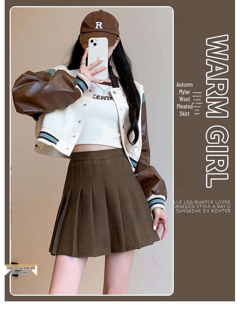 High-Waist A-Line Pleated Wool Skirt - Women's Autumn/Winter, Slim Fit, Plus Size, Korean Style, Short/Midi Length.