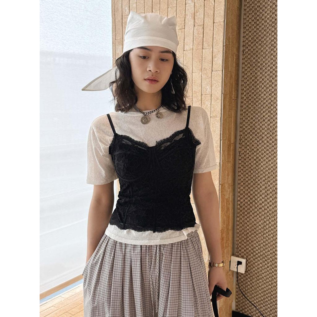 French Lace Boning Strap Camisole - Spring/Summer Slimming Textured Top for Women
