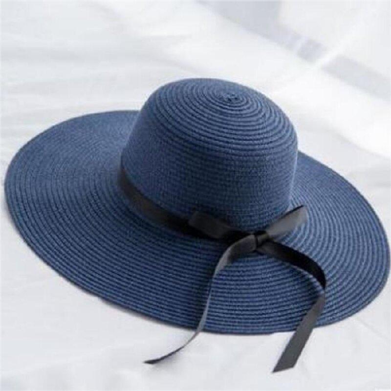 Large Eave Straw Hat for Woman Black Bow Tie Edge Sunscreen Foldable Beach Hat Outdoor Seaside Vacation Fashionable and Elegent