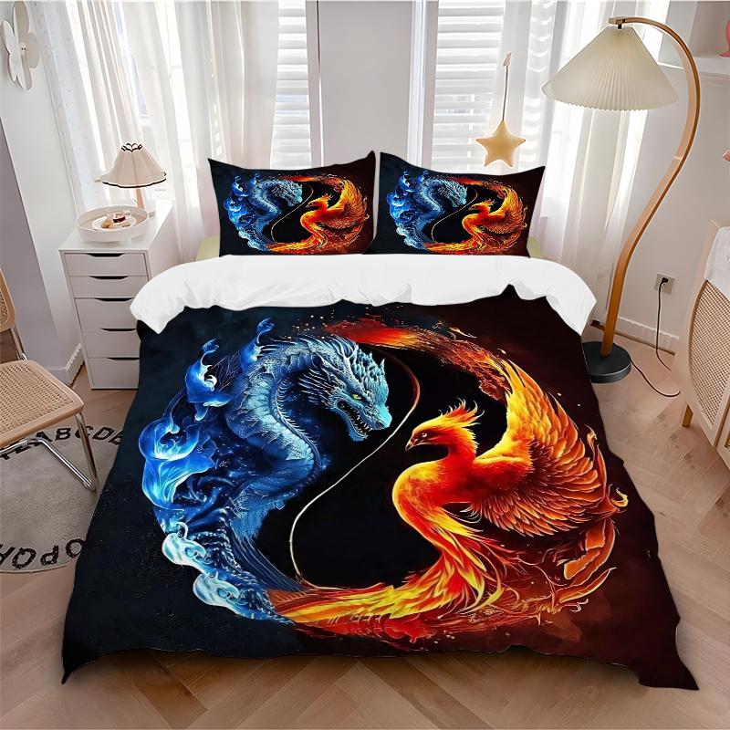 3pcs Blue Dragon and Red Phoenix Bedding Set - Includes 1 Quilt Cover and 2 Pillowcases, Comfortable Bedding with Stylish Design for Bedroom, Mac