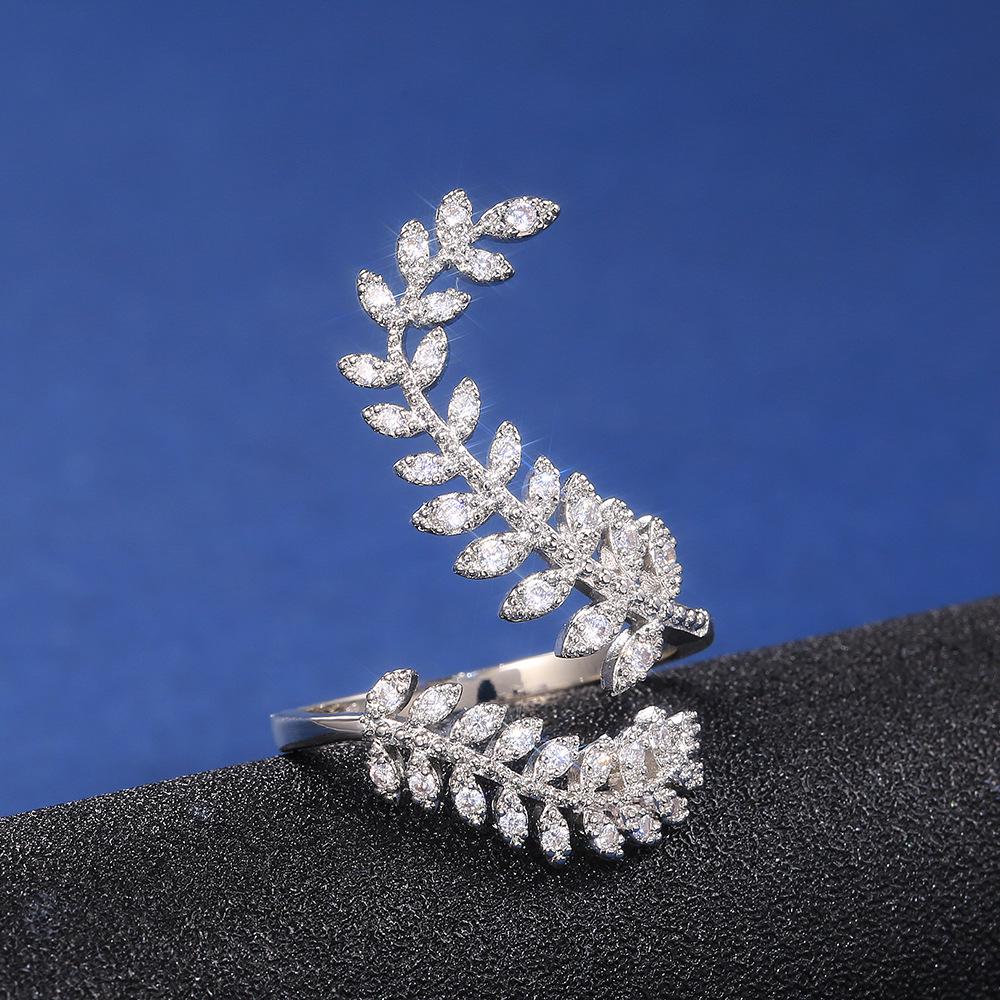 Creative Plant Leaf Zircon Silver-Plated Long Ring for Women