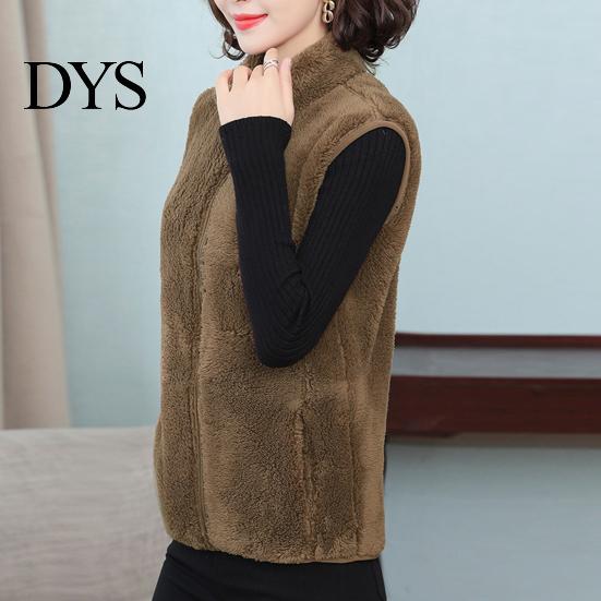 Women Sleeveless Waistcoat Autumn Winter Solid Color Plush Stand Collar Flush Vest Coat Pockets Zipper Placket Thickened Double Sides Fleece
