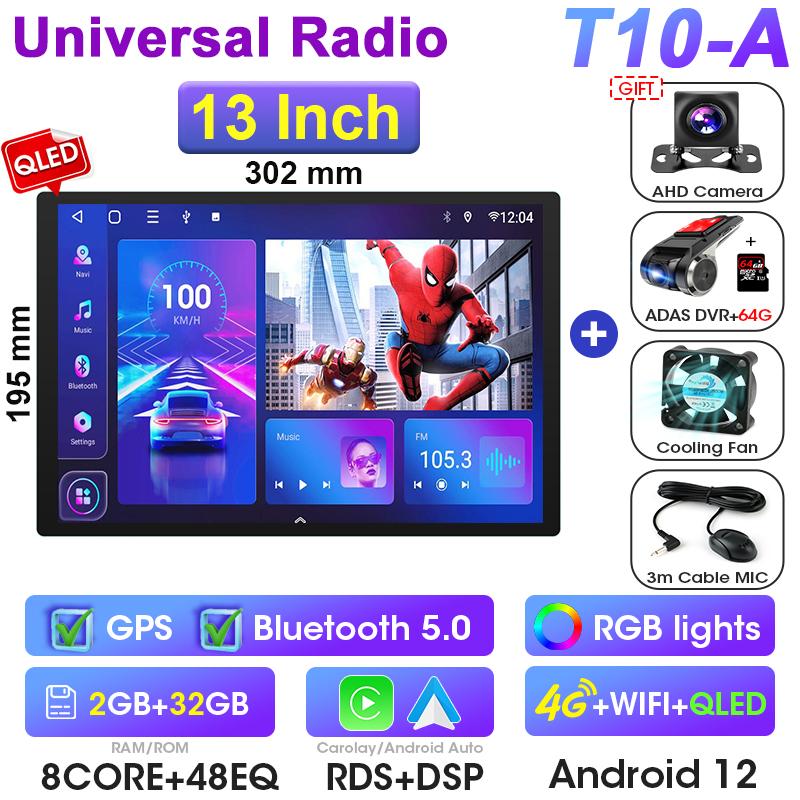 Universal 13" QLED 2 Din Android 12 Car Radio For Nissan Kia Honda Toyota Stereo Multimedia Video Player 1920*1200P Carplay Auto