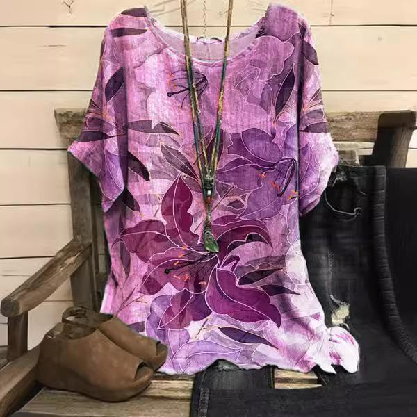 Dámská trička nadměrné velikosti Violet Kiss Leaf Módní tričko s krátkým rukávem s 3D digitálním potiskem s kulatým výstřihem