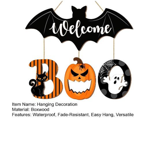 Rustic Wooden Welcome Board Halloween BOO Door Sign, Spooky Bat Hanging Ghost Pumpkin Holiday Party Wall Decoration Black Cat Hanger Ornaments